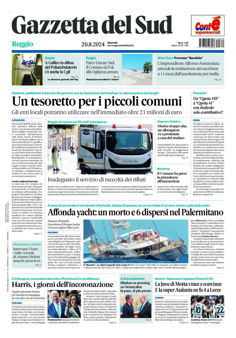 Prima-pagina-gazzetta-del-sud-calabria-di-oggi-20-08-2024