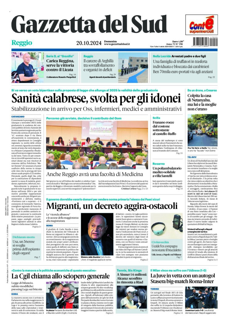 Prima-pagina-gazzetta-del-sud-calabria-di-oggi-20-10-2024