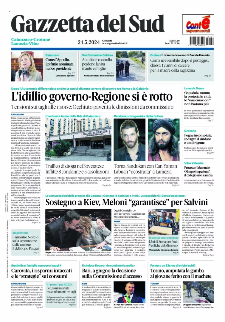 Prima-pagina-gazzetta-del-sud-calabria-di-oggi-21-03-2024