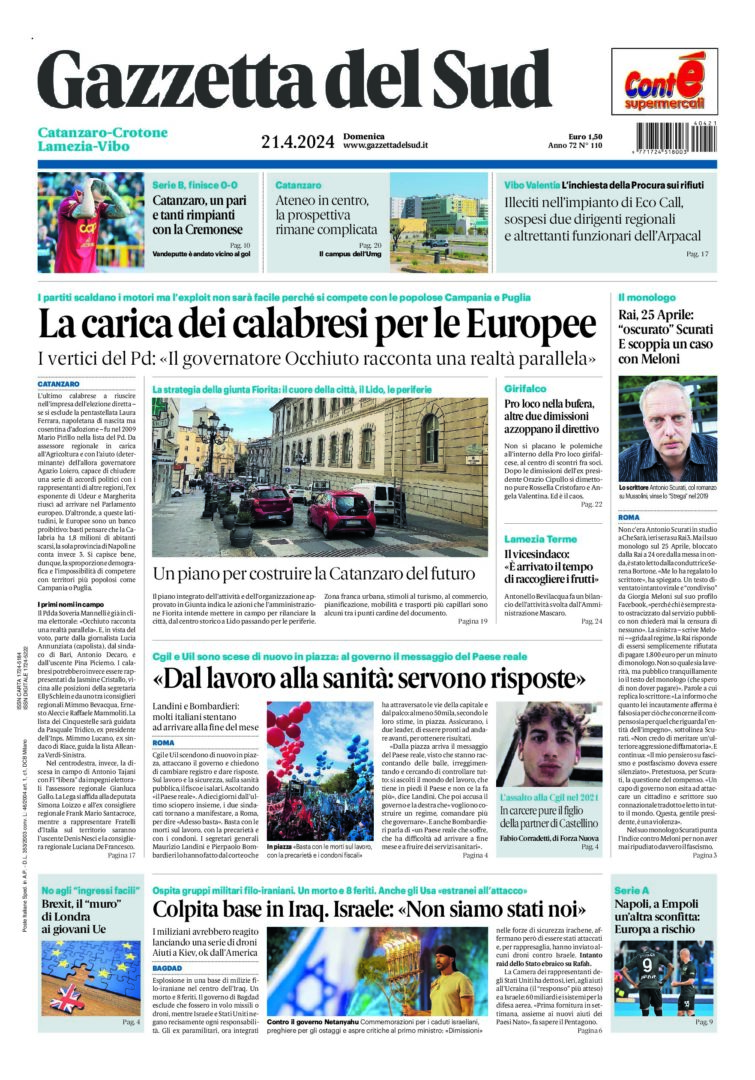 Prima-pagina-gazzetta-del-sud-calabria-di-oggi-21-04-2024