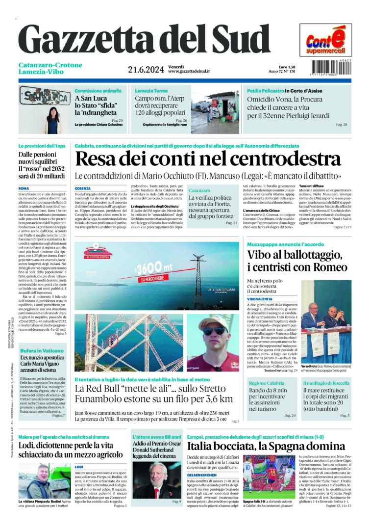 Prima-pagina-gazzetta-del-sud-calabria-di-oggi-21-06-2024