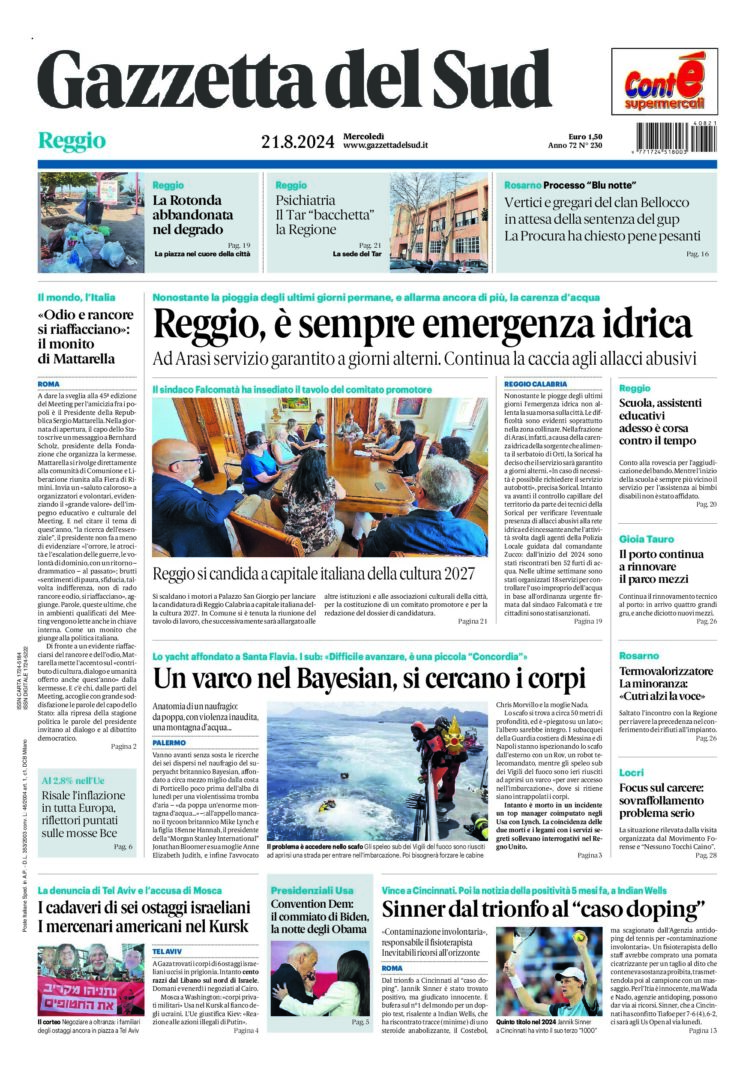 Prima-pagina-gazzetta-del-sud-calabria-di-oggi-21-08-2024