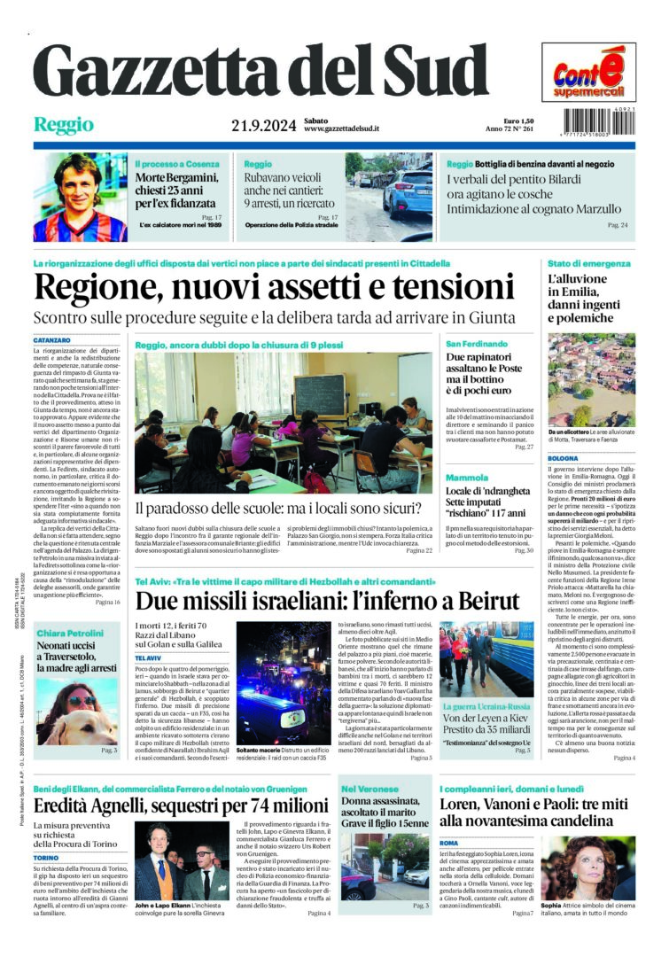 Prima-pagina-gazzetta-del-sud-calabria-di-oggi-21-09-2024