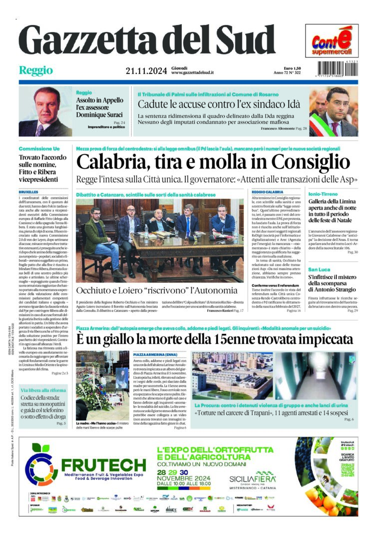 Prima-pagina-gazzetta-del-sud-calabria-di-oggi-21-11-2024