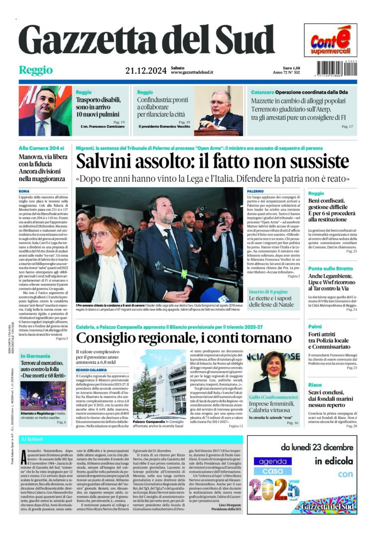 Prima-pagina-gazzetta-del-sud-calabria-di-oggi-21-12-2024