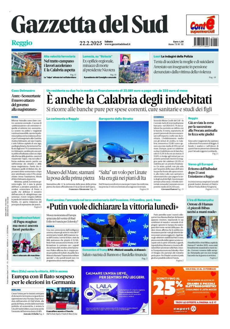 Prima-pagina-gazzetta-del-sud-calabria-di-oggi-22-02-2025