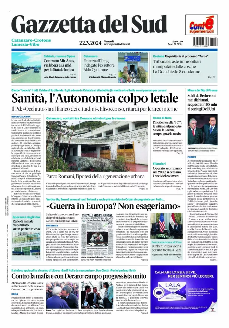 Prima-pagina-gazzetta-del-sud-calabria-di-oggi-22-03-2024
