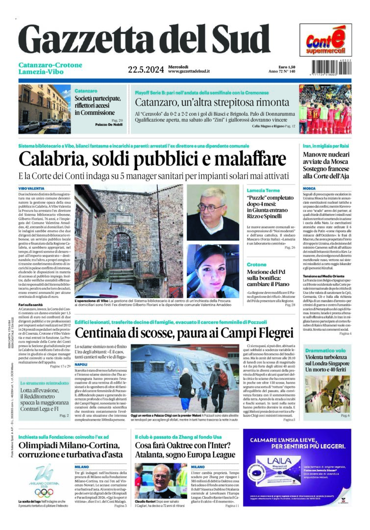 Prima-pagina-gazzetta-del-sud-calabria-di-oggi-22-05-2024