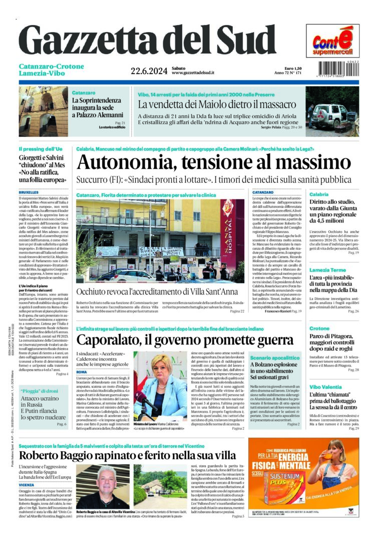 Prima-pagina-gazzetta-del-sud-calabria-di-oggi-22-06-2024