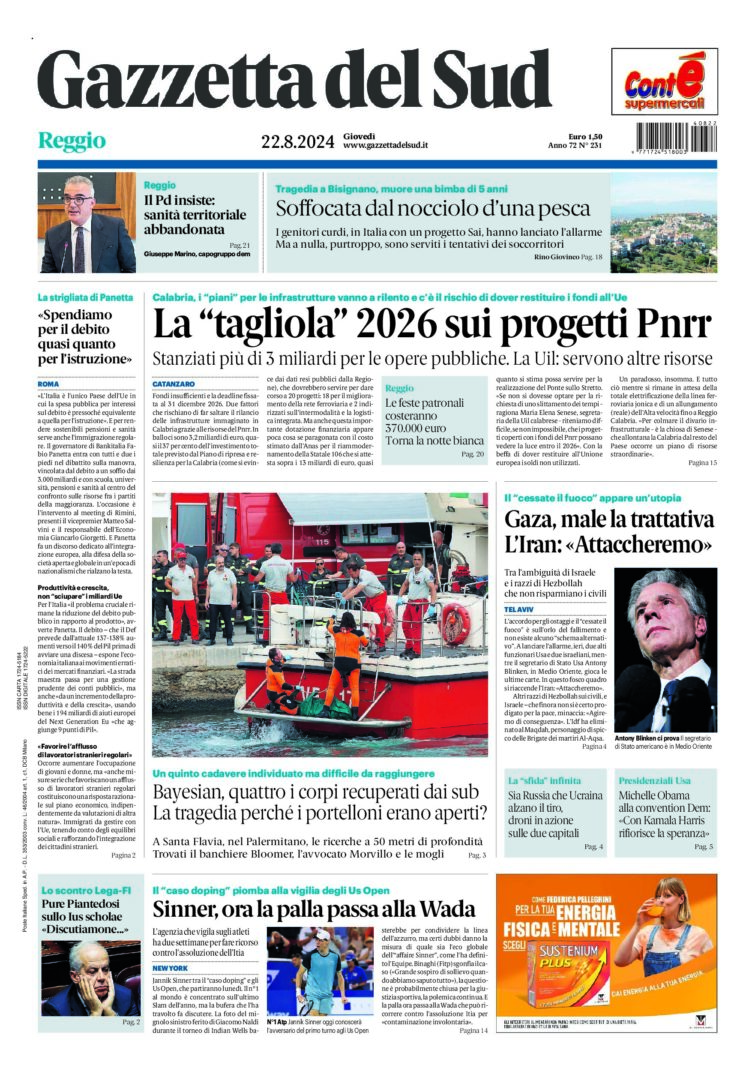 Prima-pagina-gazzetta-del-sud-calabria-di-oggi-22-08-2024