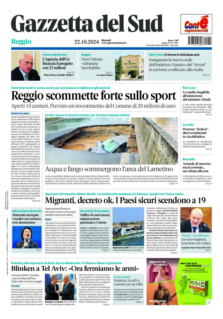 Prima-pagina-gazzetta-del-sud-calabria-di-oggi-22-10-2024