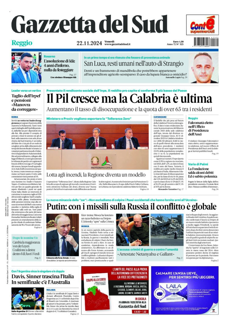 Prima-pagina-gazzetta-del-sud-calabria-di-oggi-22-11-2024