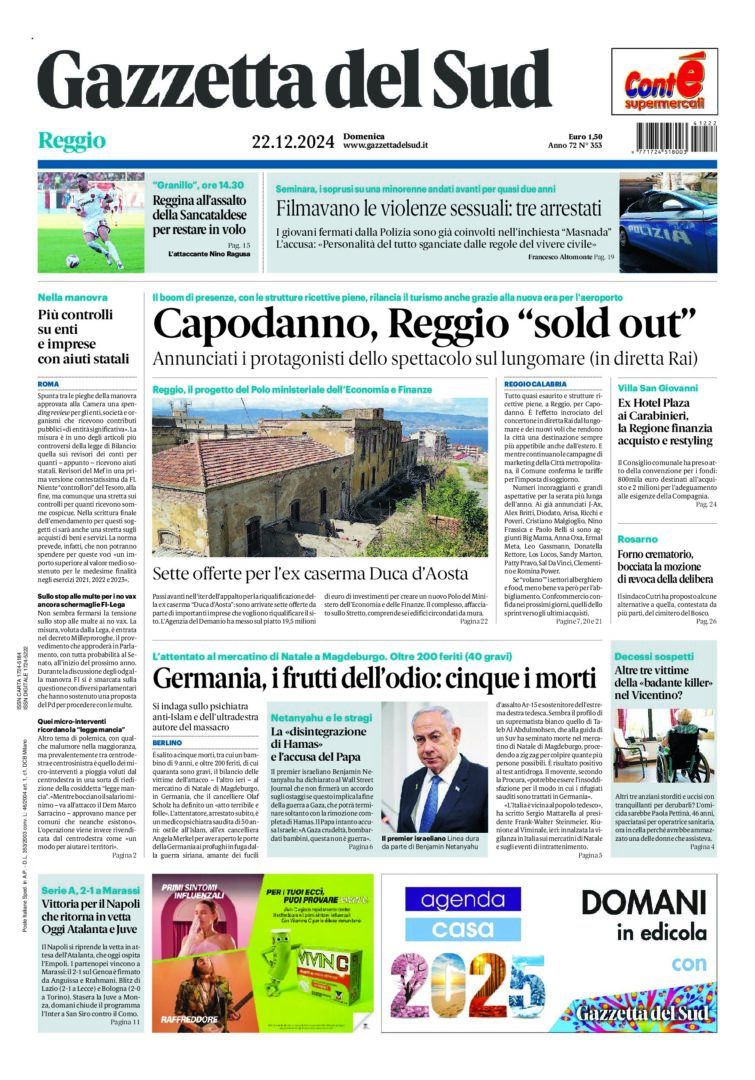 Prima-pagina-gazzetta-del-sud-calabria-di-oggi-22-12-2024