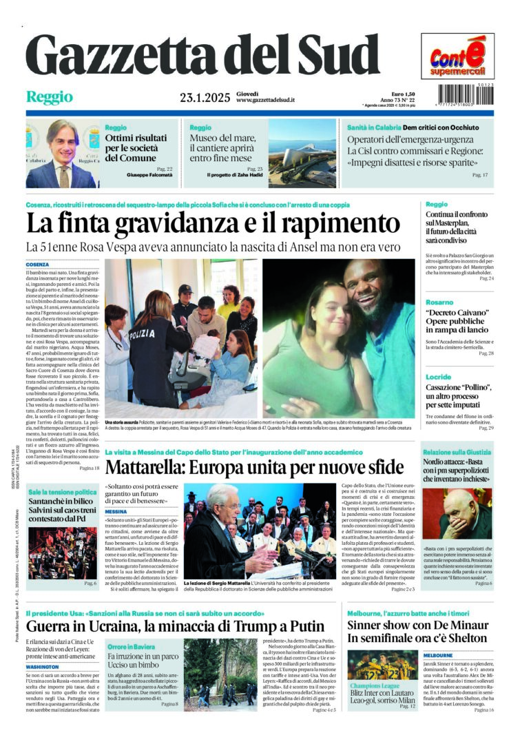 Prima-pagina-gazzetta-del-sud-calabria-di-oggi-23-01-2025