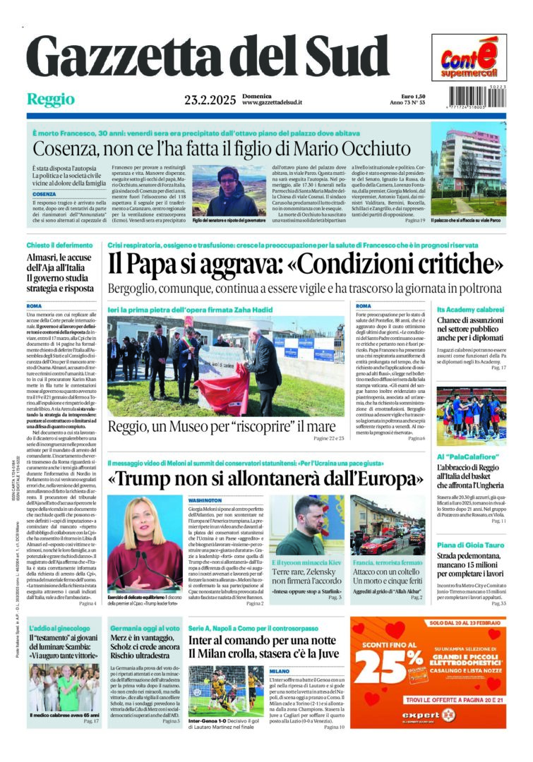 Prima-pagina-gazzetta-del-sud-calabria-di-oggi-23-02-2025