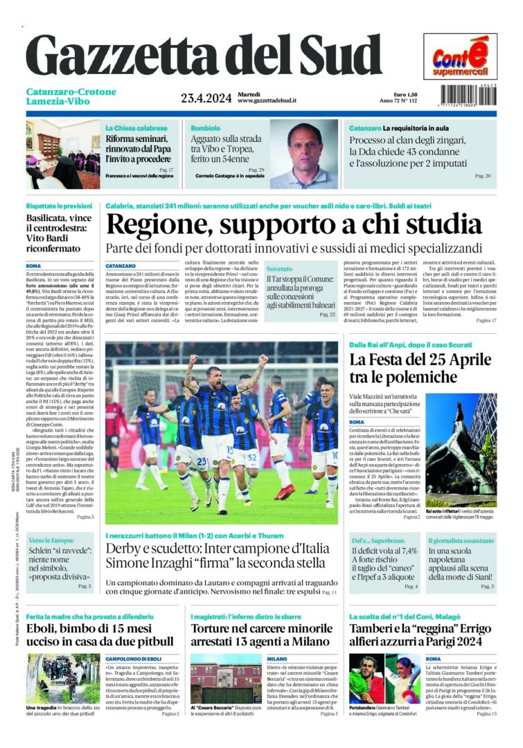 Prima-pagina-gazzetta-del-sud-calabria-di-oggi-23-04-2024