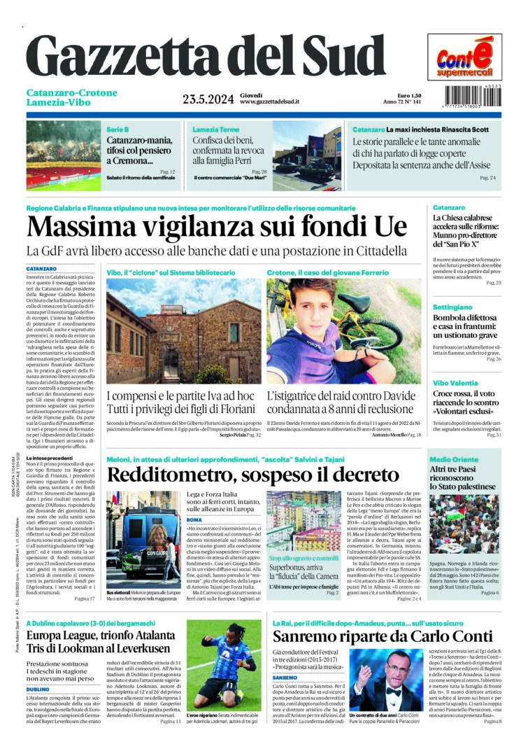 Prima-pagina-gazzetta-del-sud-calabria-di-oggi-23-05-2024