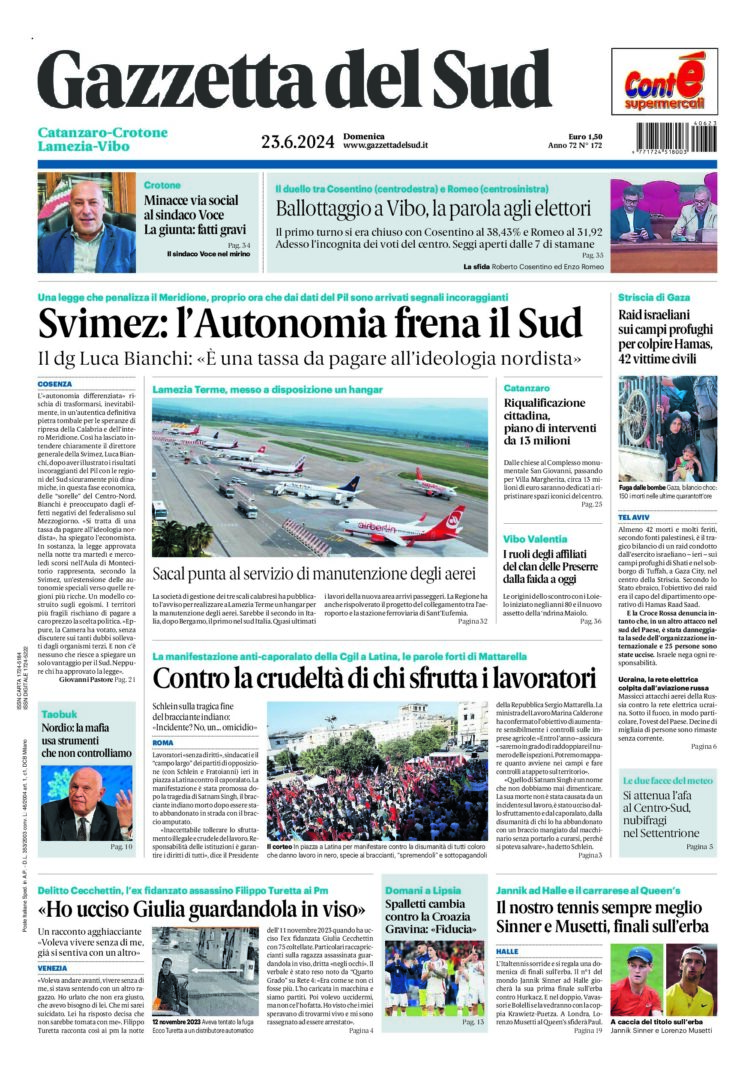 Prima-pagina-gazzetta-del-sud-calabria-di-oggi-23-06-2024