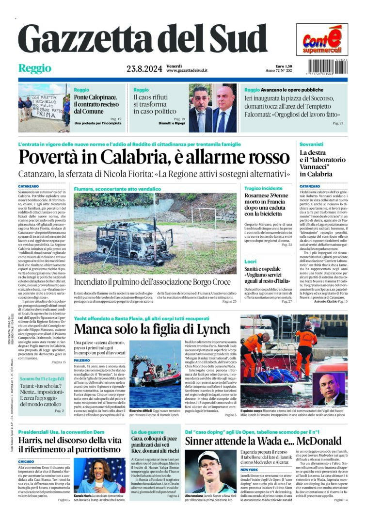 Prima-pagina-gazzetta-del-sud-calabria-di-oggi-23-08-2024