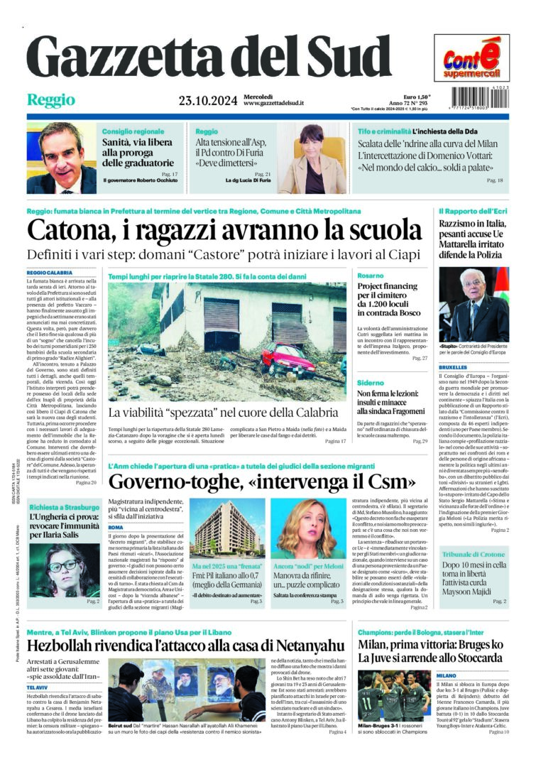 Prima-pagina-gazzetta-del-sud-calabria-di-oggi-23-10-2024