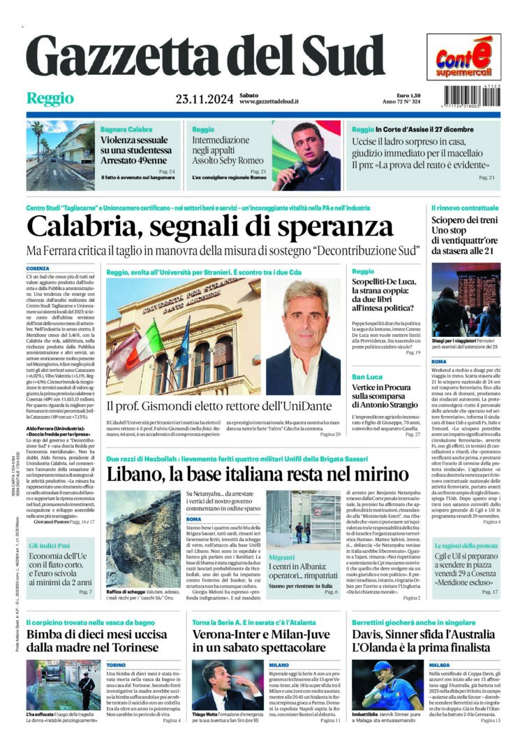 Prima-pagina-gazzetta-del-sud-calabria-di-oggi-23-11-2024