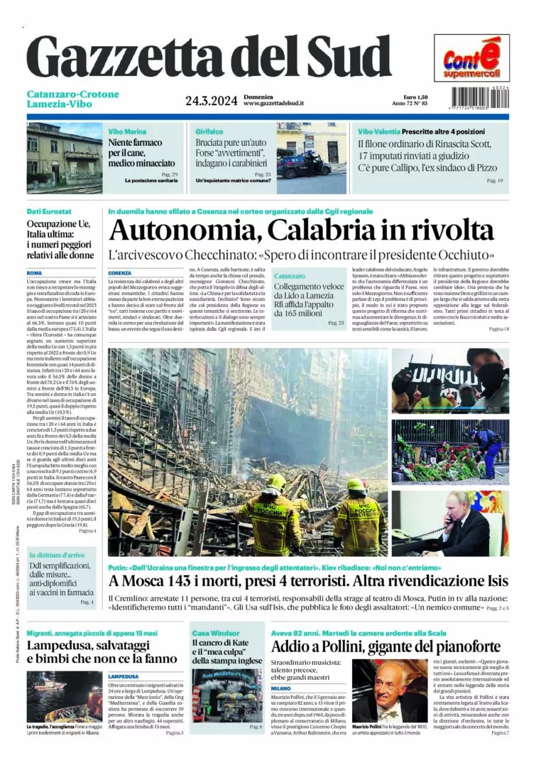 Prima-pagina-gazzetta-del-sud-calabria-di-oggi-24-03-2024