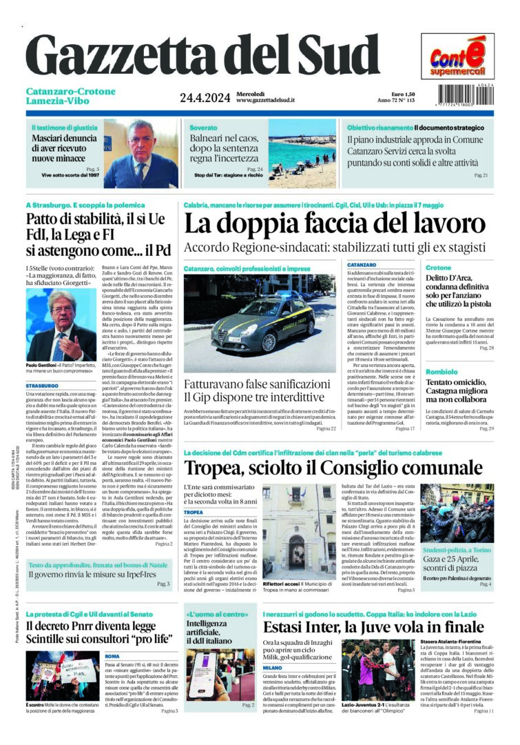 Prima-pagina-gazzetta-del-sud-calabria-di-oggi-24-04-2024