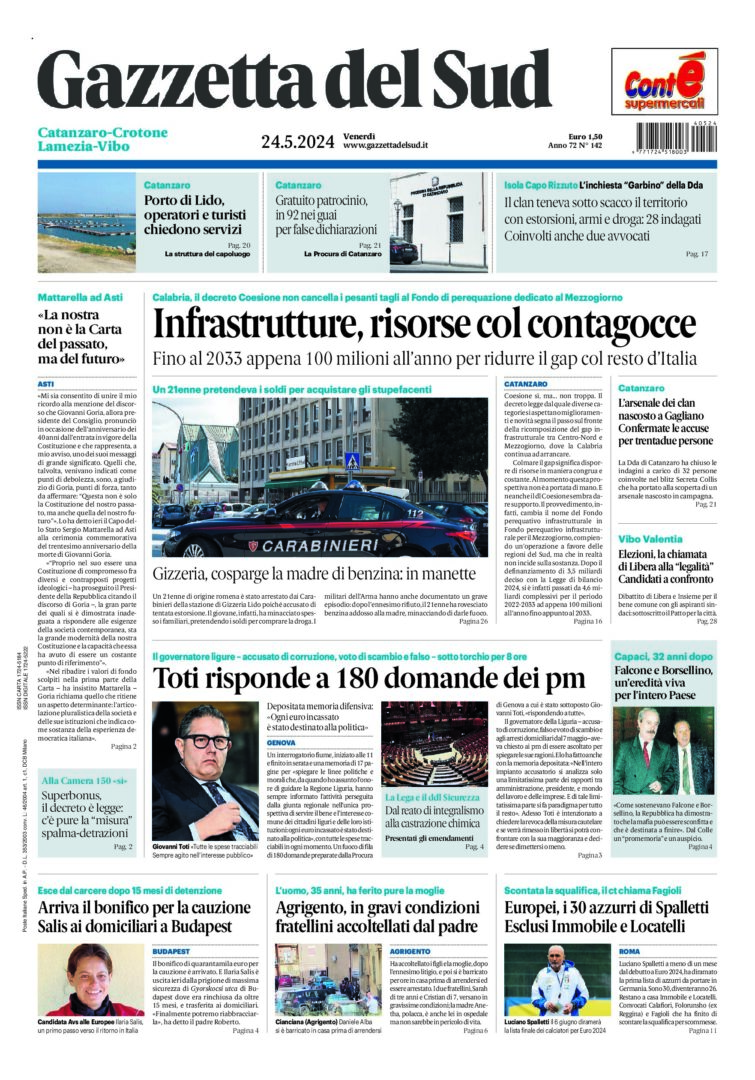 Prima-pagina-gazzetta-del-sud-calabria-di-oggi-24-05-2024