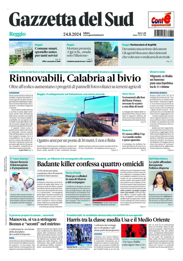 Prima-pagina-gazzetta-del-sud-calabria-di-oggi-24-08-2024