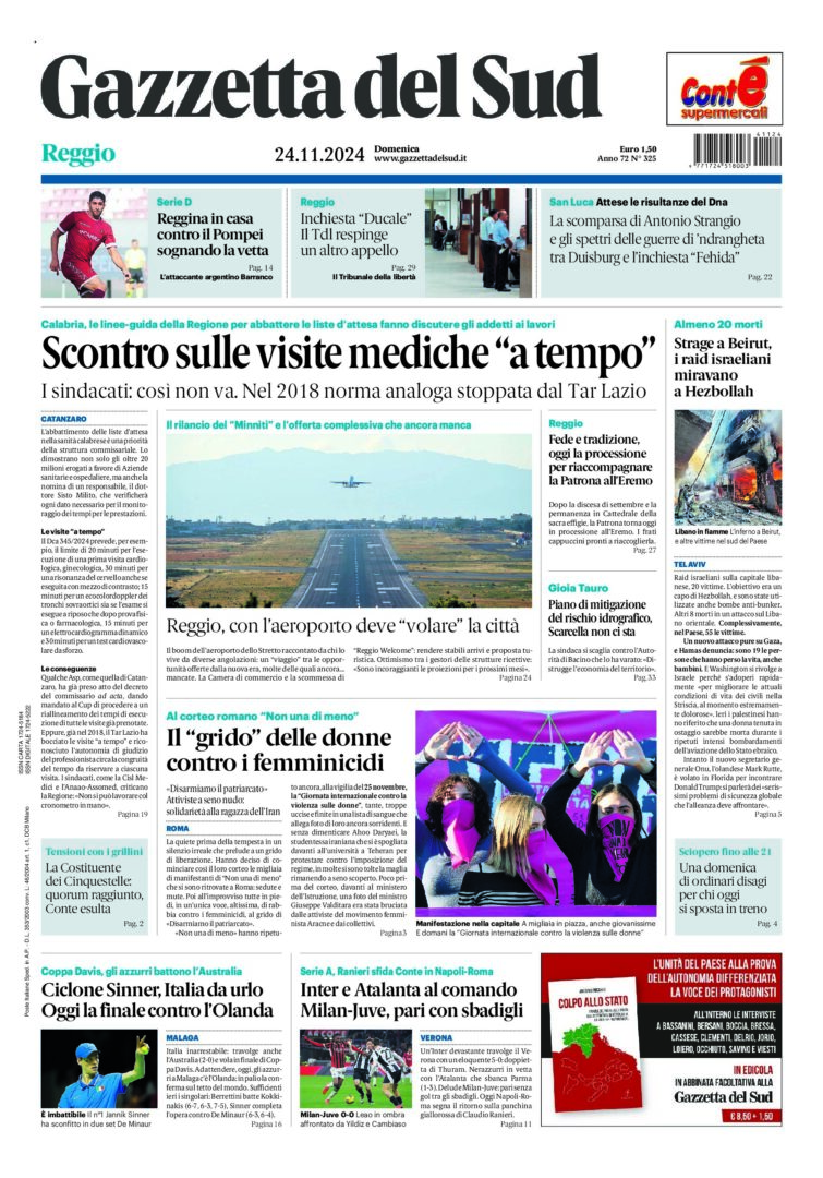 Prima-pagina-gazzetta-del-sud-calabria-di-oggi-24-11-2024