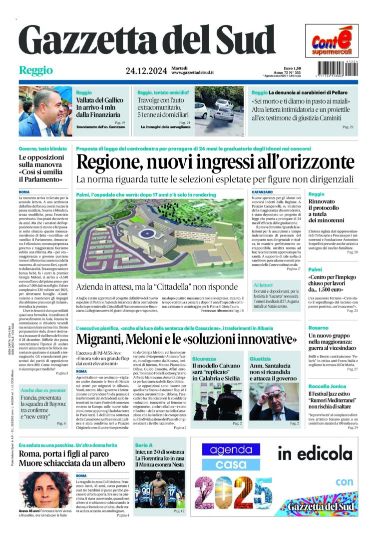 Prima-pagina-gazzetta-del-sud-calabria-di-oggi-24-12-2024