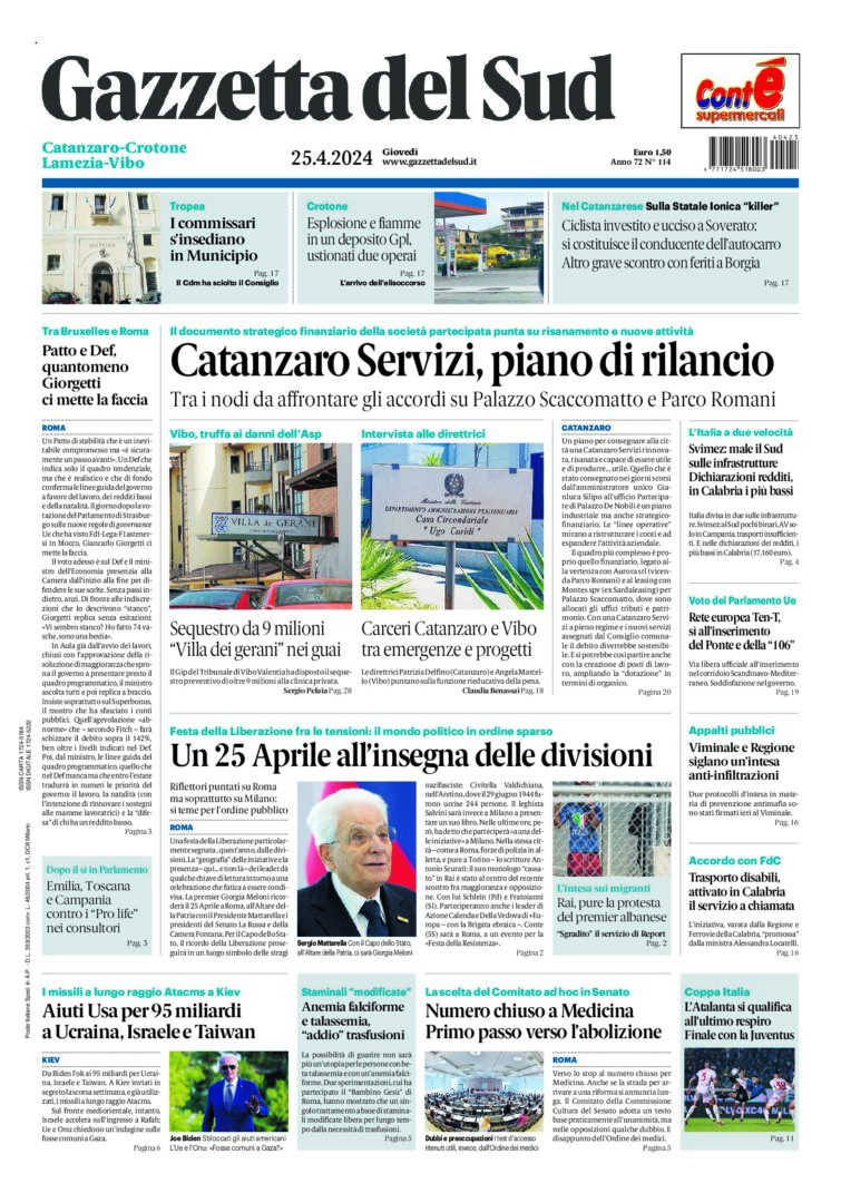 Prima-pagina-gazzetta-del-sud-calabria-di-oggi-25-04-2024