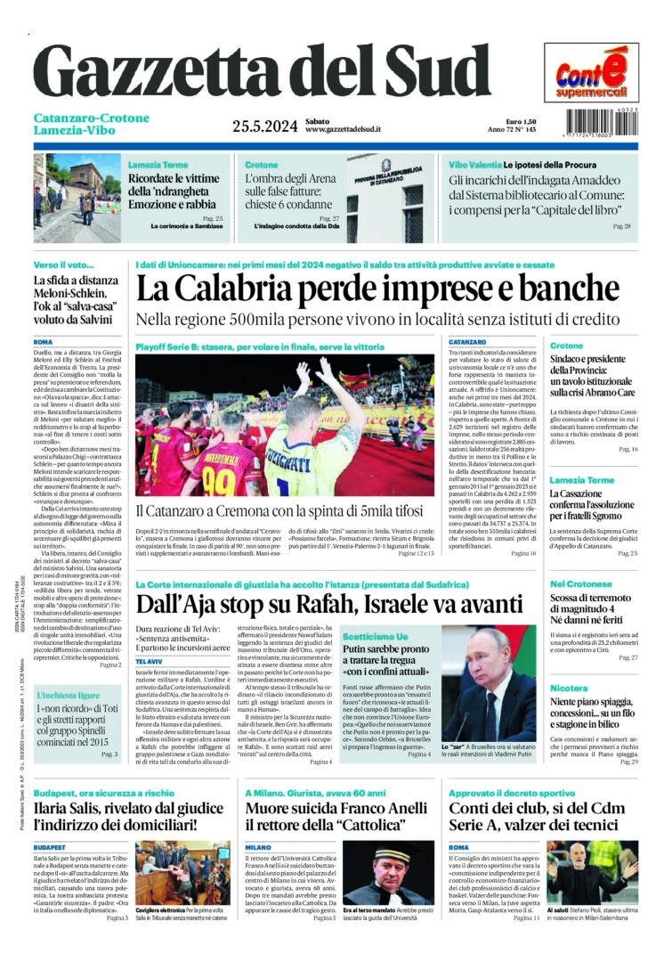 Prima-pagina-gazzetta-del-sud-calabria-di-oggi-25-05-2024