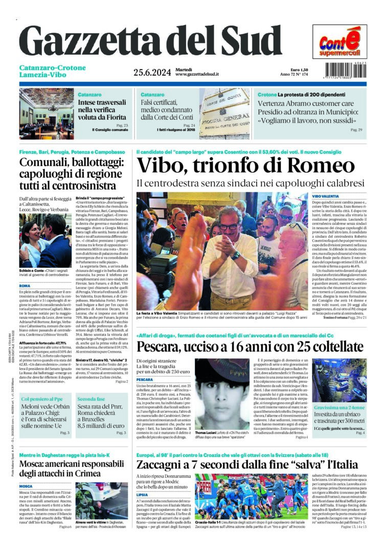 Prima-pagina-gazzetta-del-sud-calabria-di-oggi-25-06-2024