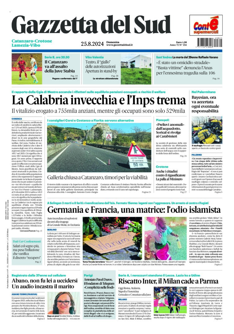 Prima-pagina-gazzetta-del-sud-calabria-di-oggi-25-08-2024