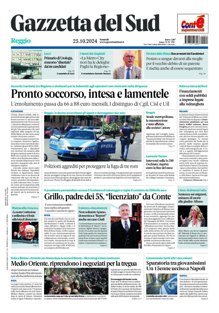 Prima-pagina-gazzetta-del-sud-calabria-di-oggi-25-10-2024