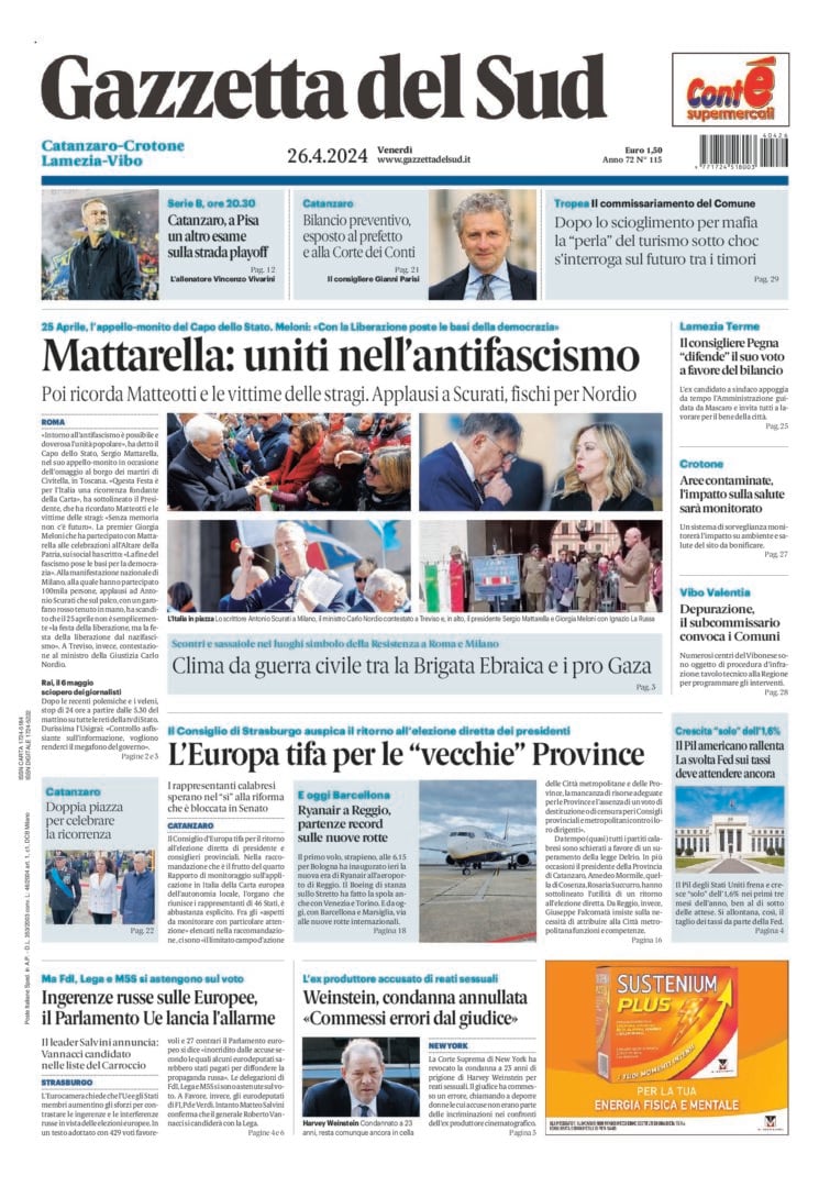 Prima-pagina-gazzetta-del-sud-calabria-di-oggi-26-04-2024