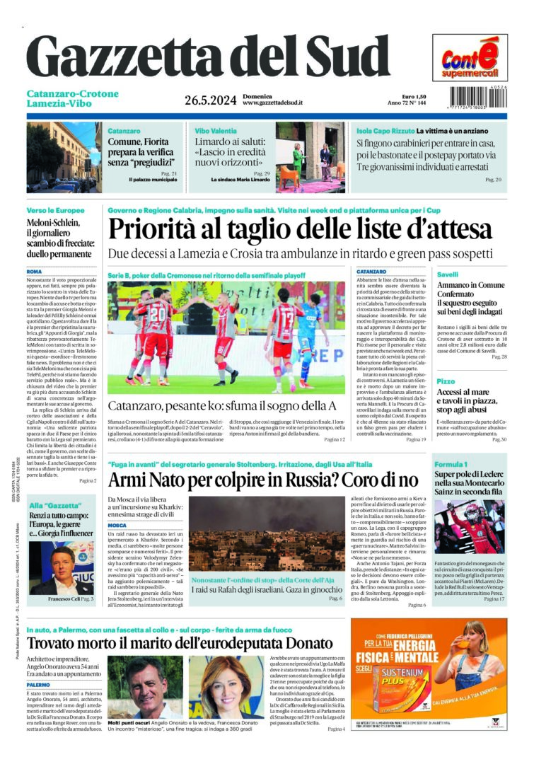 Prima-pagina-gazzetta-del-sud-calabria-di-oggi-26-05-2024