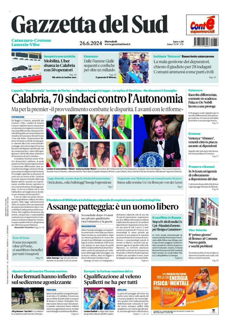 Prima-pagina-gazzetta-del-sud-calabria-di-oggi-26-06-2024