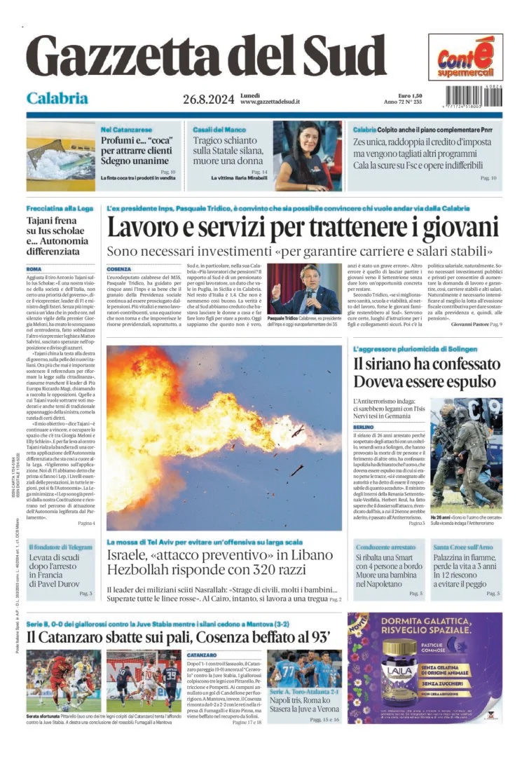 Prima-pagina-gazzetta-del-sud-calabria-di-oggi-26-08-2024