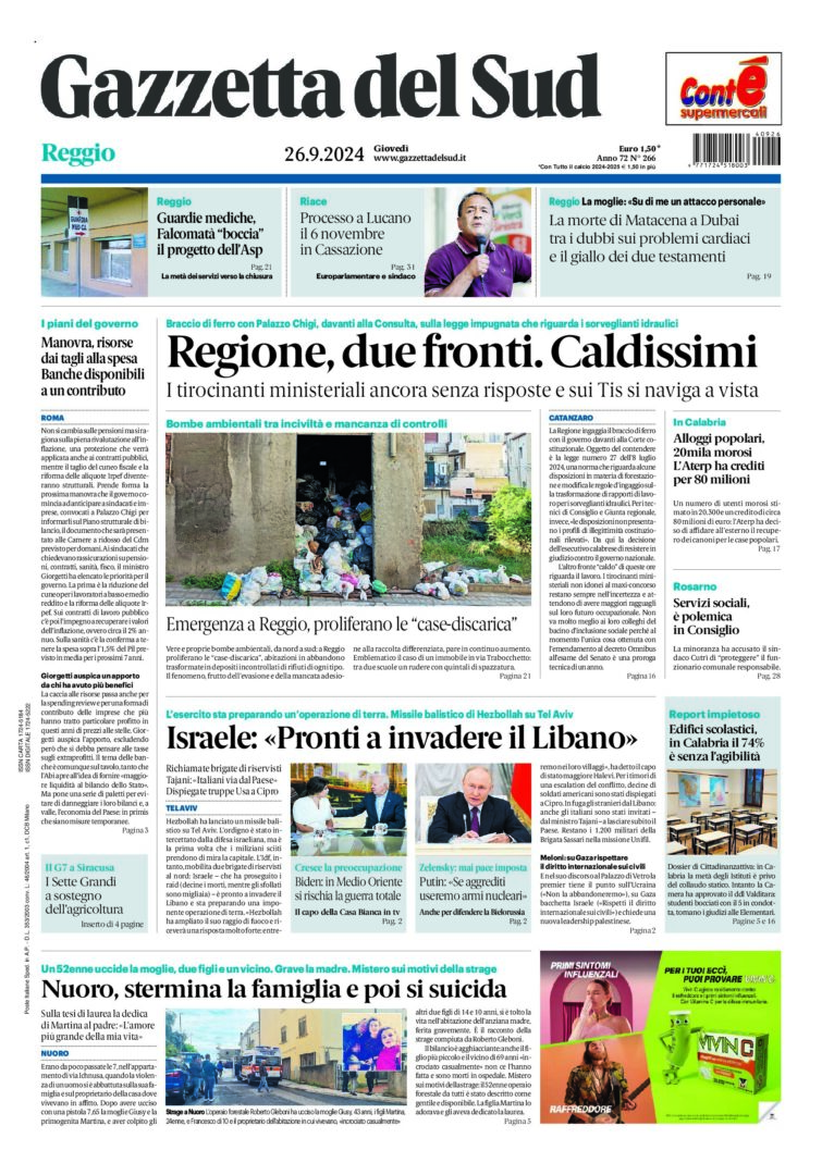 Prima-pagina-gazzetta-del-sud-calabria-di-oggi-26-09-2024