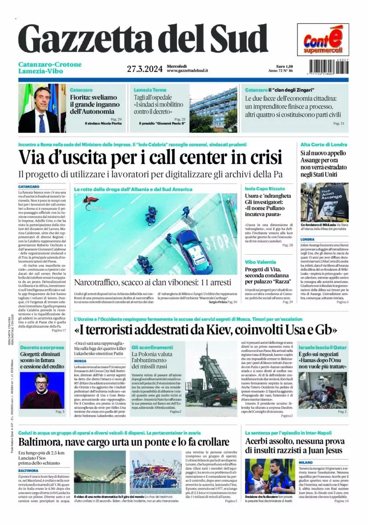 Prima-pagina-gazzetta-del-sud-calabria-di-oggi-27-03-2024