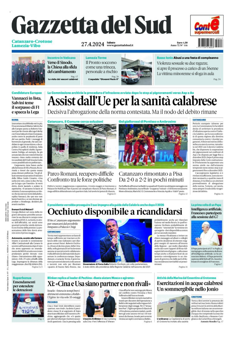 Prima-pagina-gazzetta-del-sud-calabria-di-oggi-27-04-2024