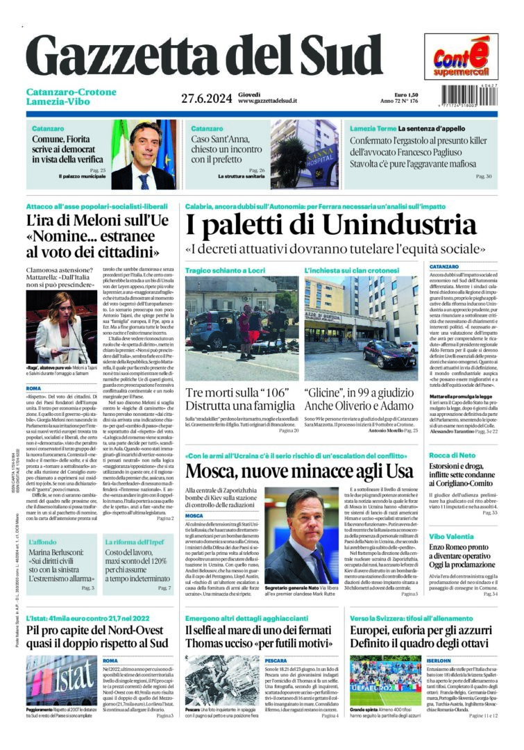 Prima-pagina-gazzetta-del-sud-calabria-di-oggi-27-06-2024