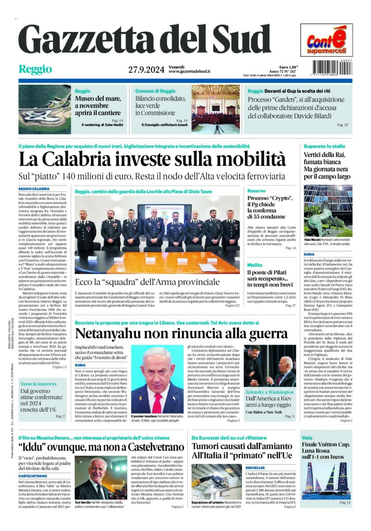 Prima-pagina-gazzetta-del-sud-calabria-di-oggi-27-09-2024