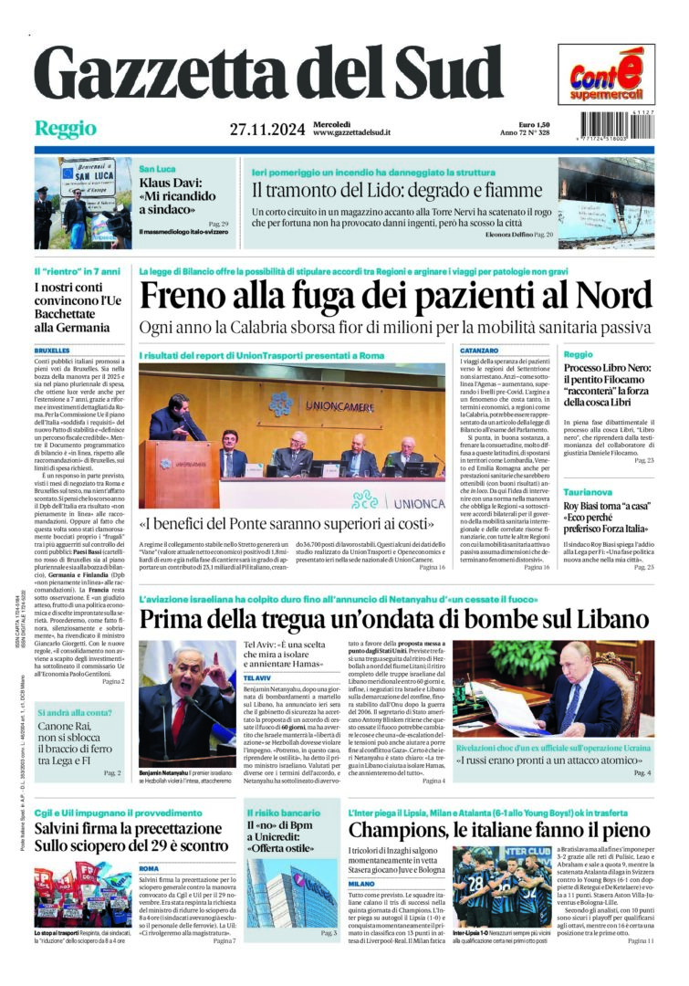 Prima-pagina-gazzetta-del-sud-calabria-di-oggi-27-11-2024