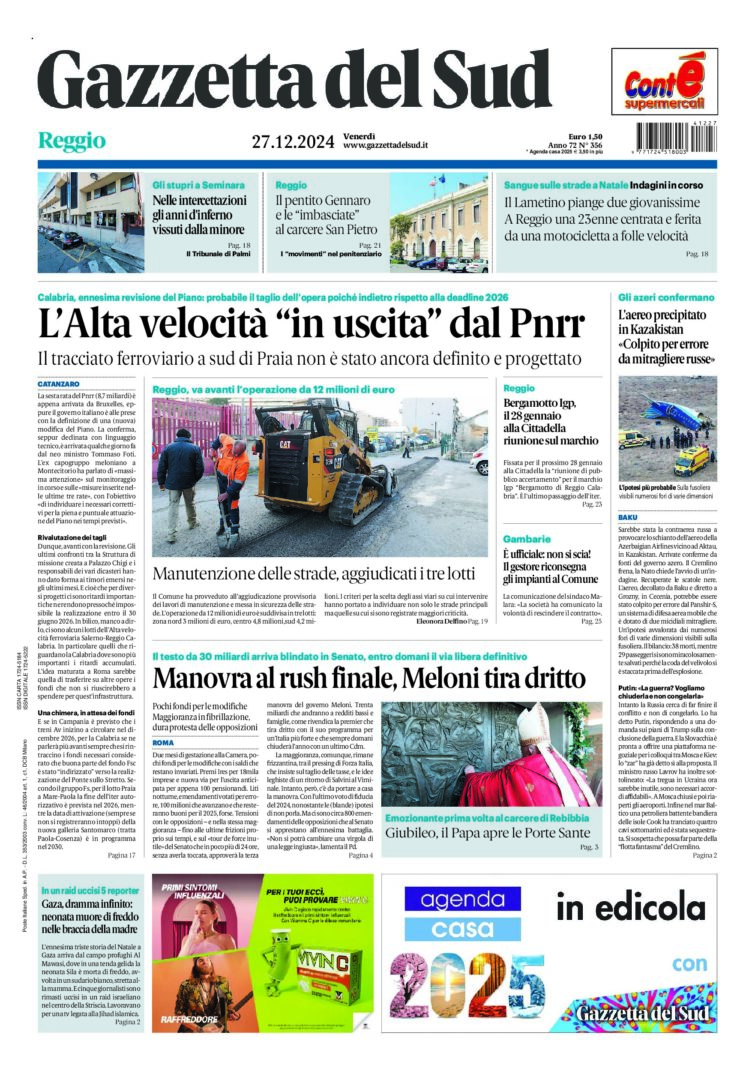 Prima-pagina-gazzetta-del-sud-calabria-di-oggi-27-12-2024