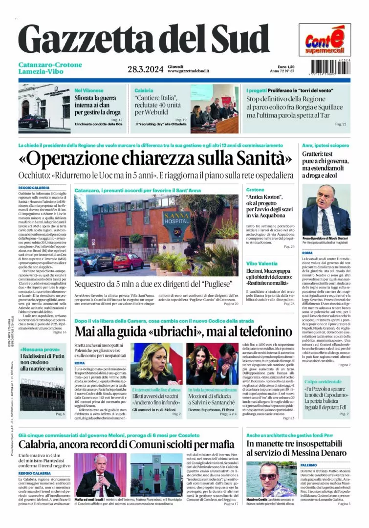 Prima-pagina-gazzetta-del-sud-calabria-di-oggi-28-03-2024