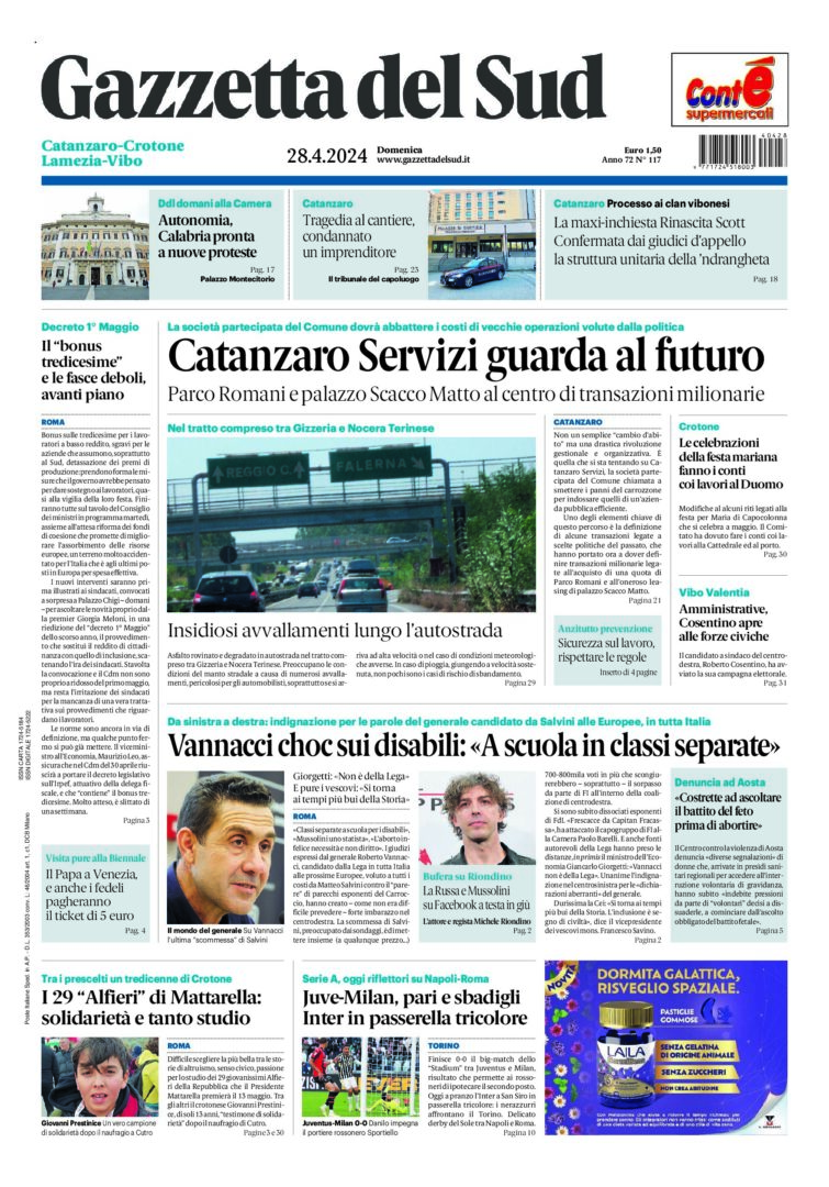 Prima-pagina-gazzetta-del-sud-calabria-di-oggi-28-04-2024