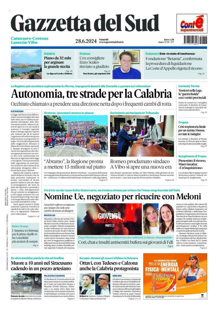 Prima-pagina-gazzetta-del-sud-calabria-di-oggi-28-06-2024